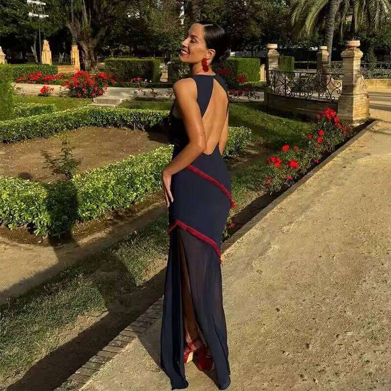 Tidalyf 2025 Women Color Block Backless Dress Sleeveless Round Neck with Fringe Trim and Sheer Chiffon Hem Sexy Party Outfit C260311