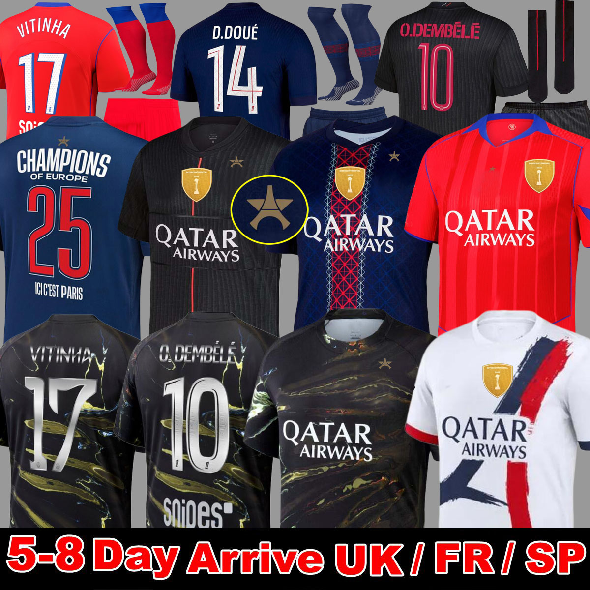 25 26 D.DOUE KVARATSKHELIA Maillot de Foot Joao Neves 4TH Jerseys Marquinhos O.Dembele Barcola Asensio Hakimi Ugarte Futebol camisa 2025 2026 Hommes Enfants Men Kit