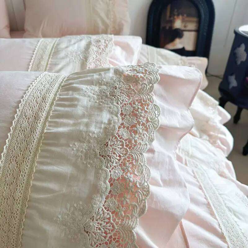 Pink Vintage Double Layer Lace Ruffles 100% Cotton Bedding Duvet Cover Set Bed Sheet/Bed Skirt/Fitted Sheet Pillowcases 4Pcs H260312