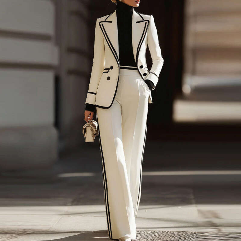 European American Women S Clothing Long Sleeve Lapel Double Breasted Casual Blazer And Trousers Set