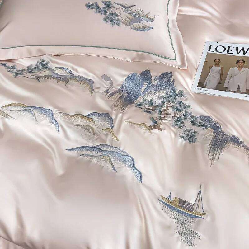 4Pcs New Chinese Style Landscape Embroidery Bedding Silky Duvet Soft Quilt Cover Set Bed Sheet Pillowcases H260312