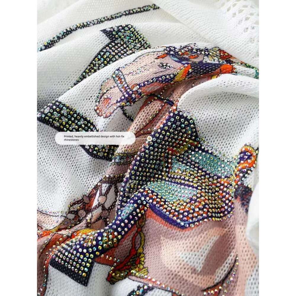 Rhinestone White T-Shirt For Women, European Fashion Mid-Length Short-Sleeve Spring-Summer Knitted Top