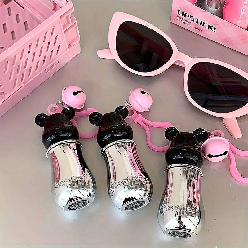 Velvet Matte With Cute Keychain Bear Paw Design, Highly Pigmented Black Tube Lipstick For Students & Daily Makeup W260311
