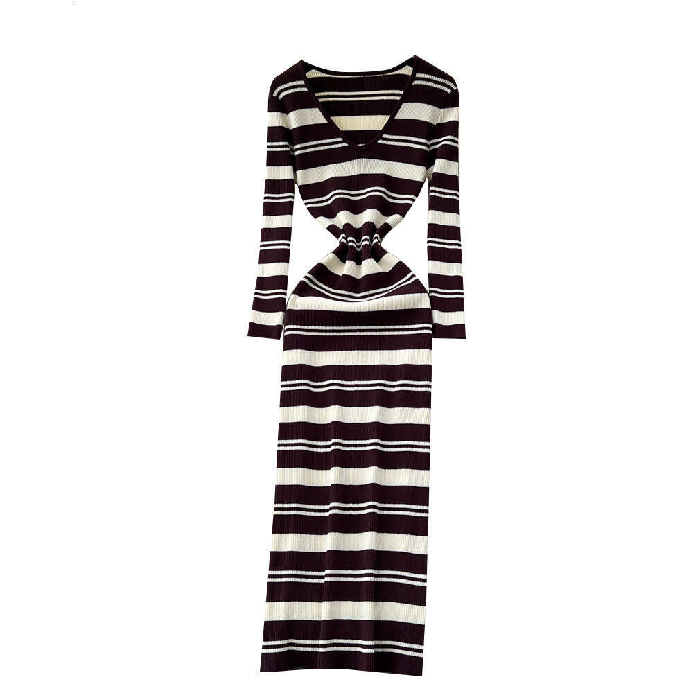 Korean style fashion retro V-neck a18 long sleeved color blocked striped knitted women's dress autumn and winter elastic waist sweater