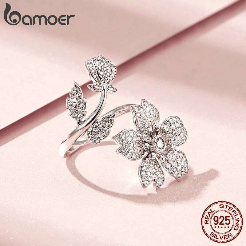 Bamoer 925 Sterling Silver Spring Sakura Opening Finger Flower Adjustable Ring for Women Zircon Fine Jewelry BSR076 H260312