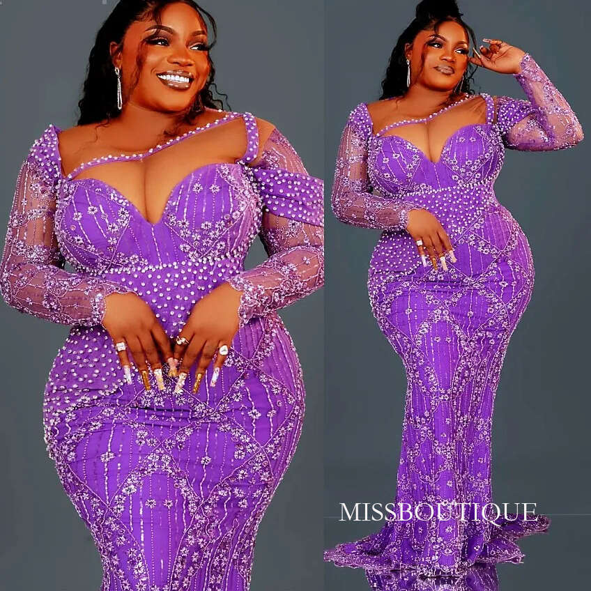 Elegant Lavender Purple Plus Size Prom Dresses Mermaid Sheer Long Sleeves Beaded Crystals Evening Gowns Women Formal Party Occasion Robes De Soiree D1