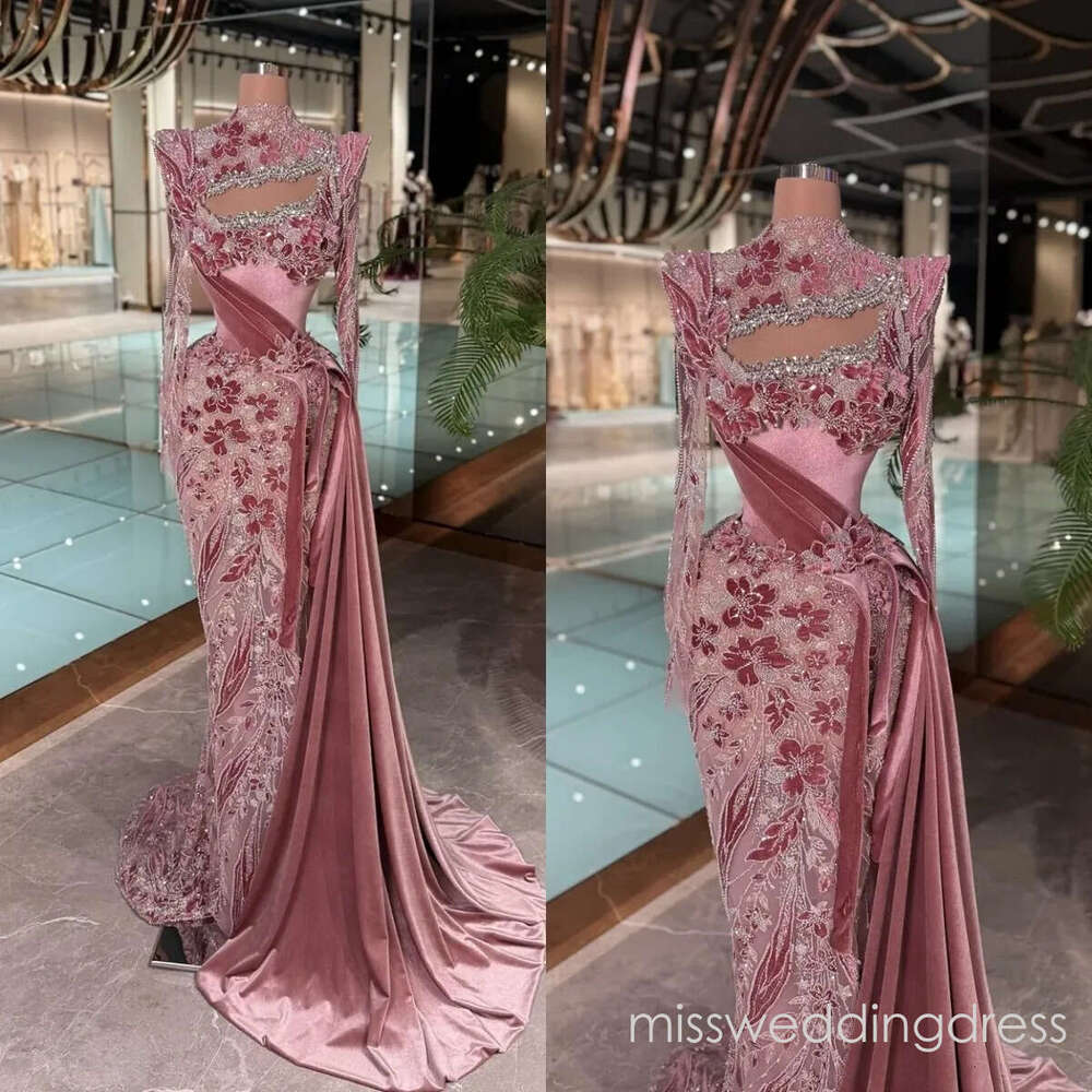 Vintage High Neck Evening Dresses Crystal Flowers Long Sleeves Prom Gown Side Train Mermaid Sequins Customized Vestidos De Noche Plus Size