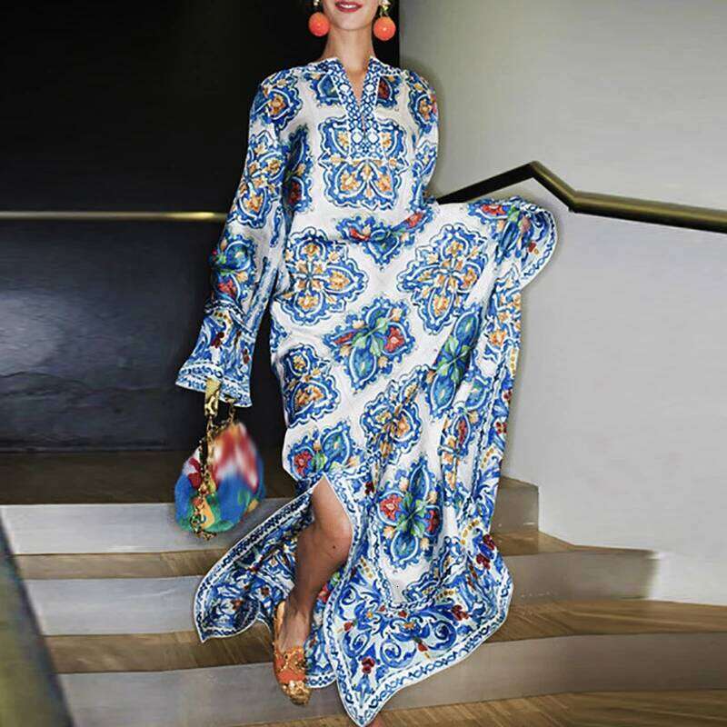 Vintage Pattern Printed High Waist Women S New Long Sleeved Loose Bohemian Dress Casual Side Split Robe Beach Dresses MAKOUFEI