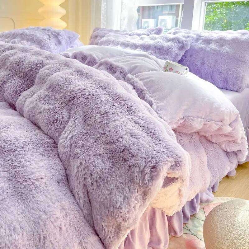Class A Thickened Rabbit Quilt Cover Pillowcase Sheet Four-piece Double-sided Milk Coral Plush Flannel Bed Set H260312