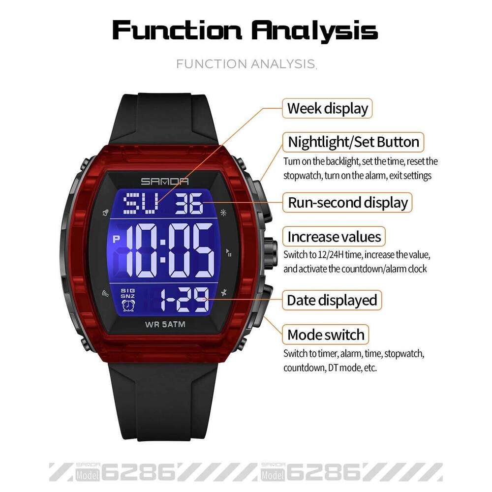 SANDA 6286 Fashion Electronic Watch Calendar Luminous Shockproof Waterproof Silicone Strap Men Women Sports Digital Wristwatch