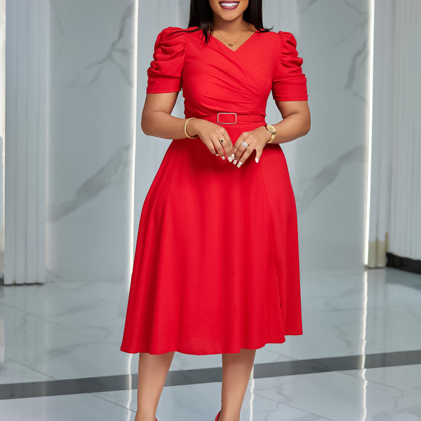 D490 Womens Summer New Fashion Elegant V-neck Pleated Flared Dress