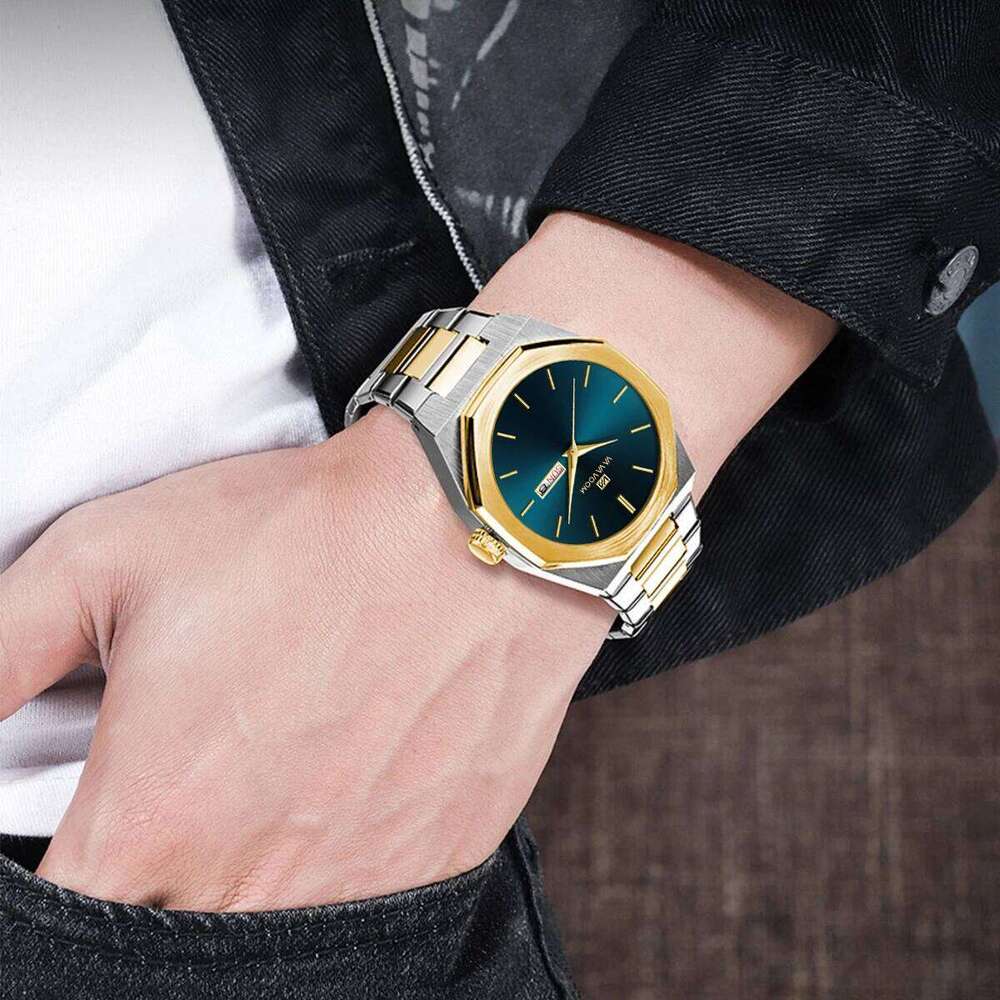 Blue Gold Stainless Steel Octagonal Fashion Business Style Double Calendar Quartz Movement Sports Watch for Men