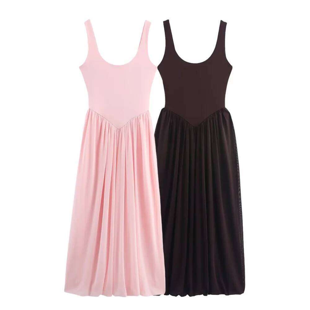 2025 Summer New Women's Wear Slim Fit Temperament Elegant Tulle Splicing Solid Color Suspender Dress C260311