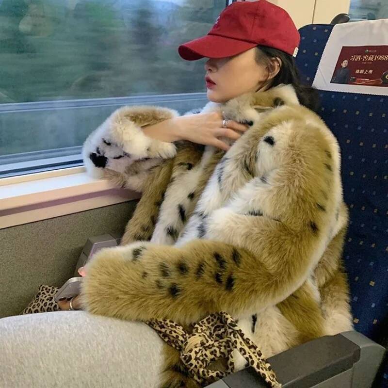 Luxury Faux Mink Leopard Bomber Jacket Thick Gradient Imitation Fox Fur Dots Printed Coat Furry Cardigan Parka Tops Abrigos