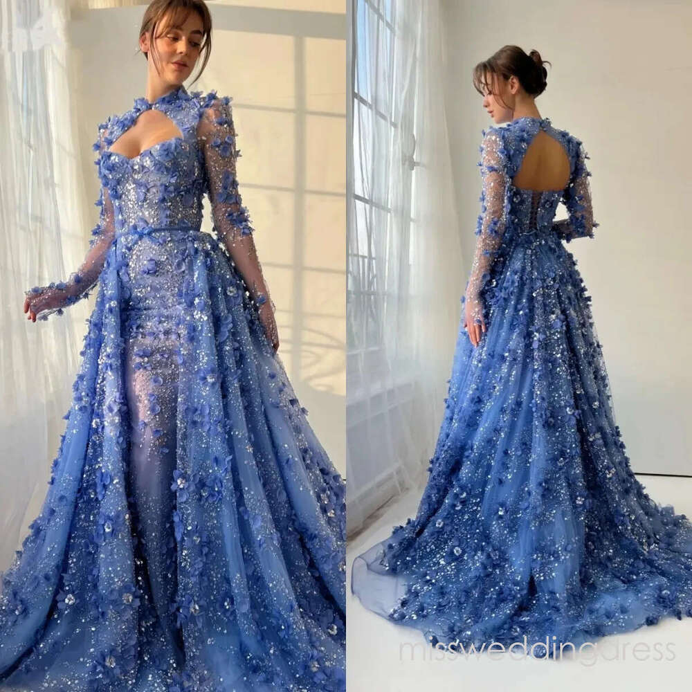 Fancy Evening Dresses 3D Flowers Sequins Prom Gown Detachable Train Long Sleeves Backless Mermaid Customized Vestidos De Noche Plus Size