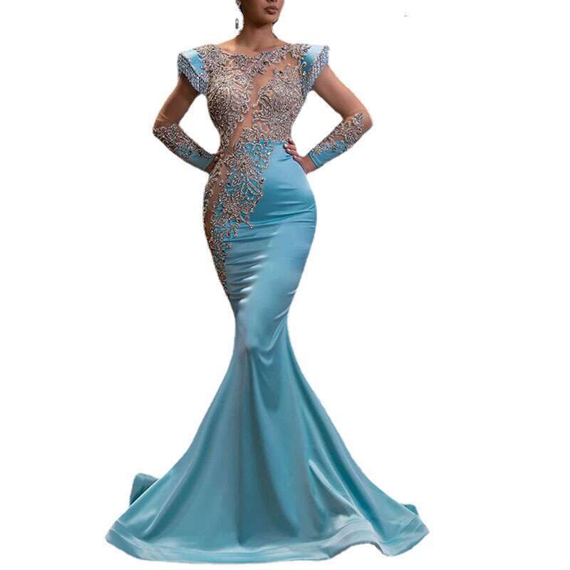 2025 New Daily Light Blue Mermaid Long Banquet Sand Gold Series Slimming Elegant Annual Meeting Evening Dress for Women