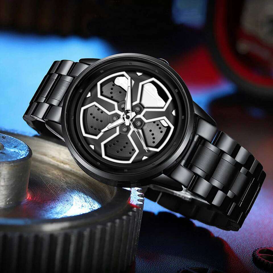 Original Wheel Rotating Watches Black Fashion Stainless Steel Strap Sports Man Clock 3Bar Quartz Movement Top Watch for Men