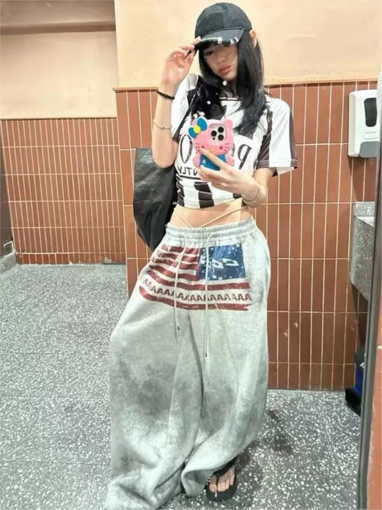 Y2K College American Hip-hop Goth Print Drawstring Wide Leg Sweatpants Loose 90s High Street Sports Trousers Floor Length Pants 260310