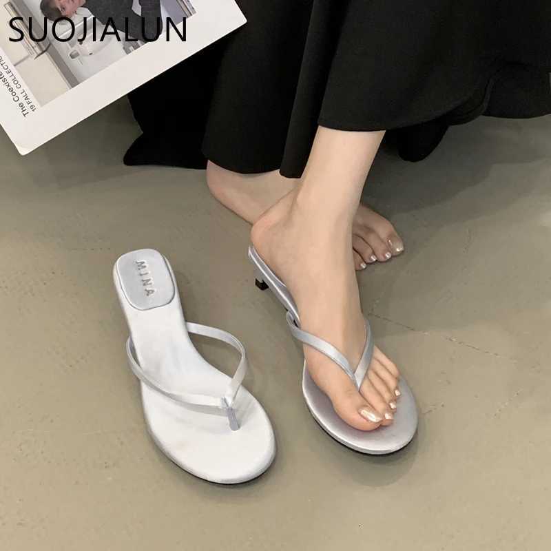 SUOJIALUN 2025 Summer New Slipper Fashion Narrow Band Slip On Flip Flop Shoes Thin Low Heel Outdoor Dress Sandal Slides Sh K260312