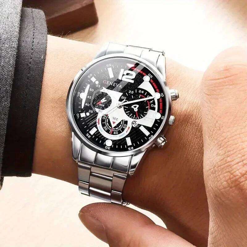 5 Pcs/set Men's Fashion Watch Set, Quartz Wristwatc Hip Hop Cuban Chain Necklace, Bracelet & Ring, Business Style Accessories
