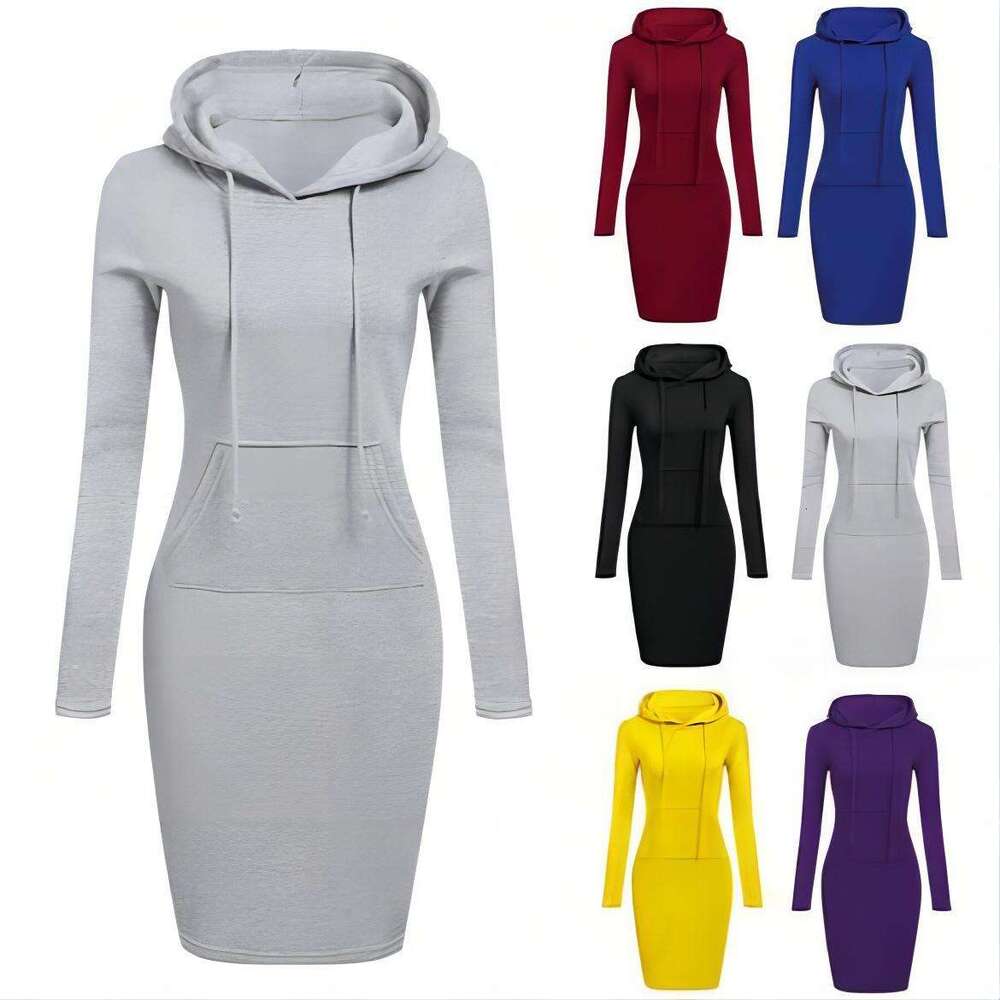Cross-border Foreign Trade 2026 Autumn/Winter New Wish European and American Women's Fashion Solid Color Hooded Long Sleeve Dress