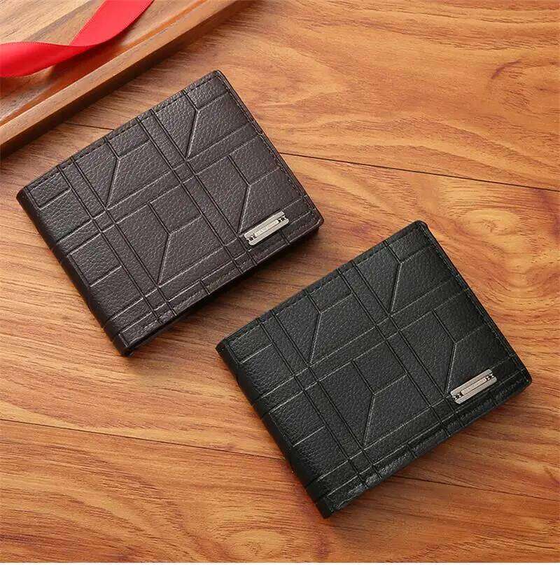 New Brand Men'S Short Youth Fashion Plaid Horizontal Soft Leather Large Capacity Multi Card Wallet