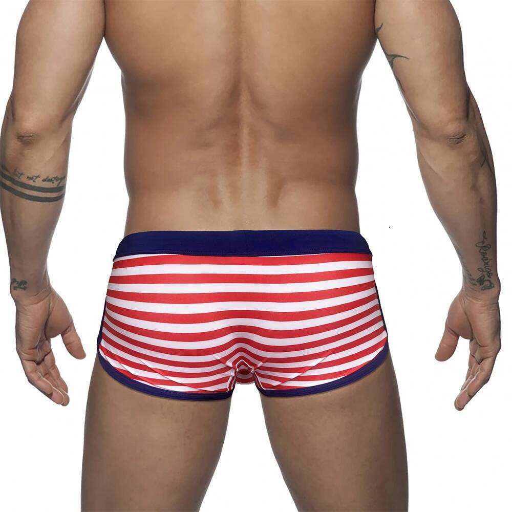 Sexy Mens Swimming Trunks Low Waist Pouch Striped Swimsuit Fashion Male Side Split Bathing Suit Sport Beach Surfing Board Shorts Z260312