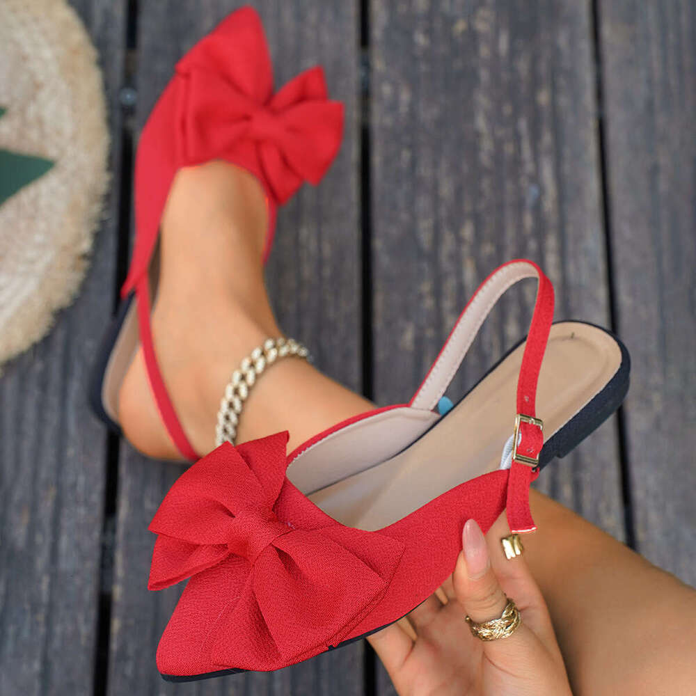 Designer shoes Bowknot Closed-Toe Backless Summer New European and American Style Pointed Toe Fabric Flat Sandals for Women