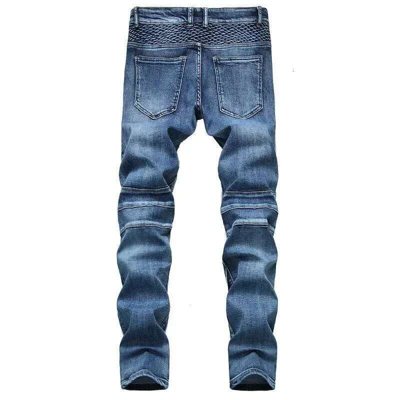 Men's New Casual Motorcycle Jeans Hip Hop Street Riding Stretch Slim Fit Straight Pants Patchwork Fashion Denim Trousers Male 26Y0312