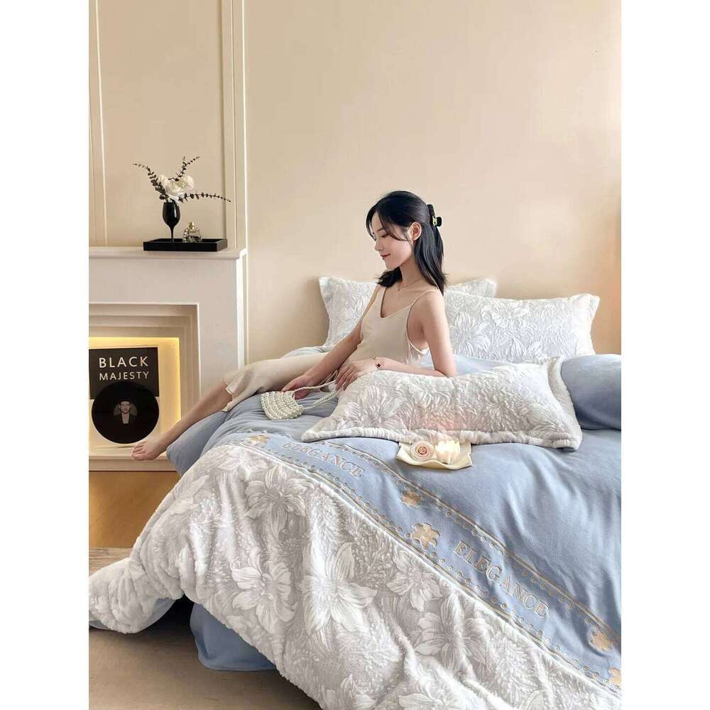Light thickened milk four-piece set double-sided warm embroidery quilt cover bed sheet coral fleece bedding H260312