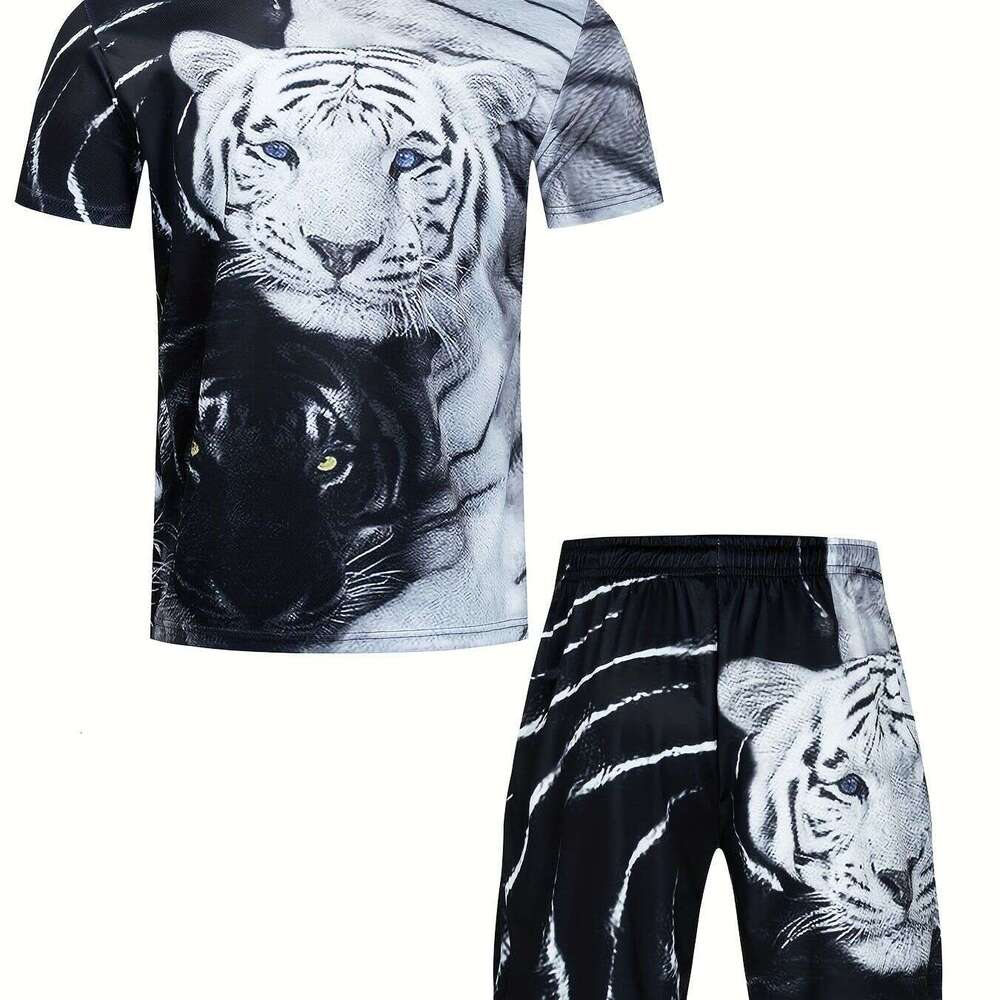 2026 Men's Printed Short-Sleeve T-Shirt and Shorts Set Casual Sports Suit Breathable Outdoor Summer 3D Print Adult