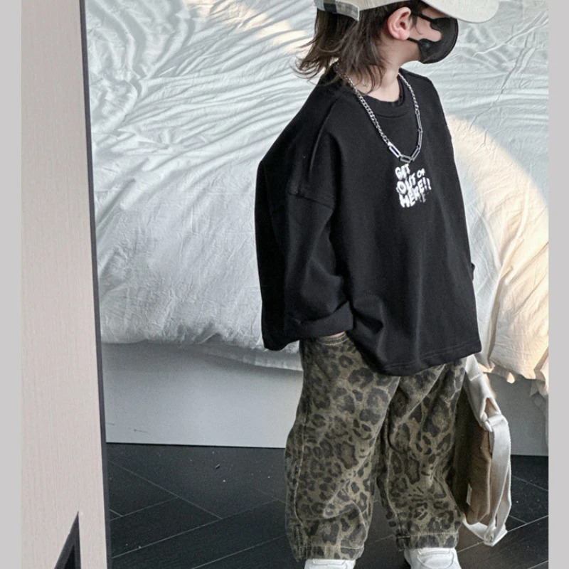 Hip Hop Casual Loose Childrens Pants Four Seasons Pure Cotton Leopard Pattern Jeans Trendy 260311