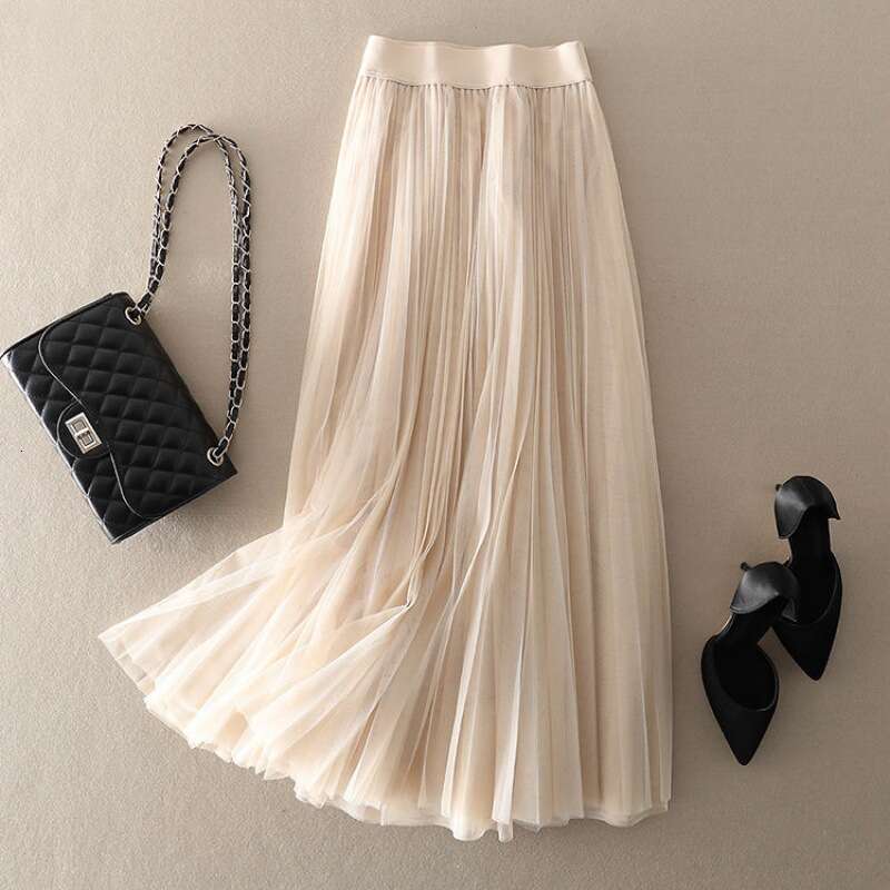 Pleated half-length A-line loose-fitting, large-hemmed, puffy mid-length plus-size mesh long skirt, all-season skirt