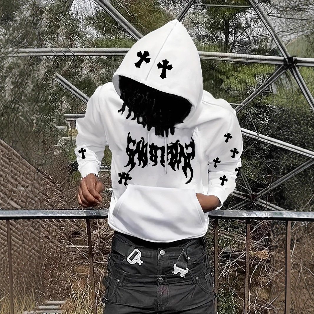 Luxury Brand Designer Clothes Dark Style Personality Cross Print Hoodie For Men Trendy Street Style Hip Hop Pullover Trendy Brand Top