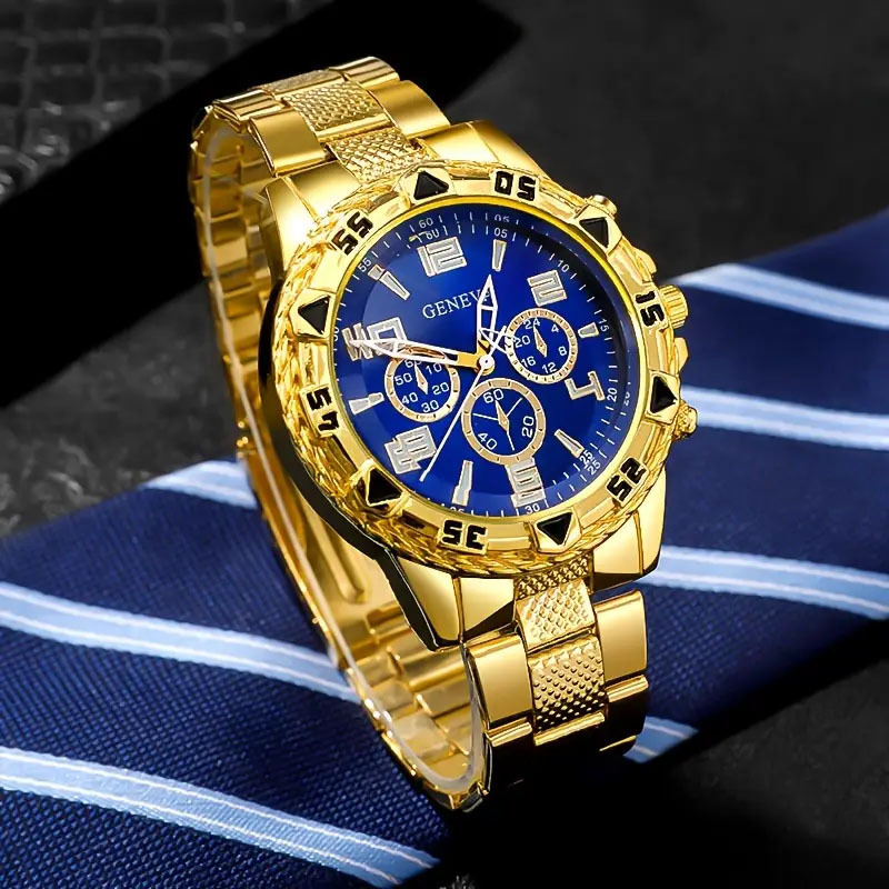 Trendy men's watch, steel strap quartz watch, fashionable blue light glass men's three-hand watch