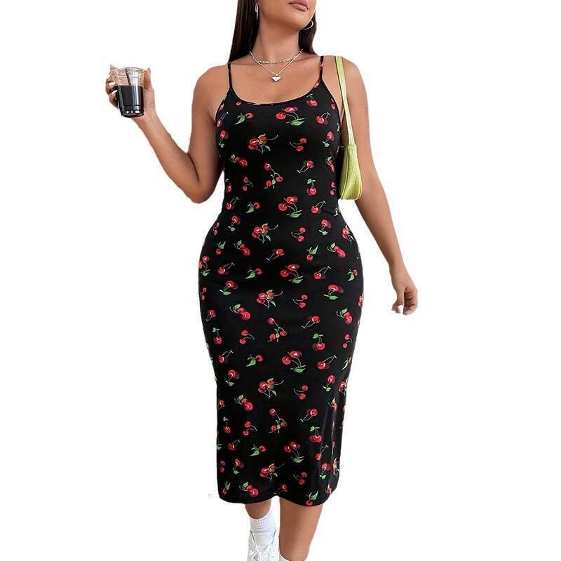 Cross-border French cherry print sweet long dress, European and American style, waist-cinching plus size suspender dress