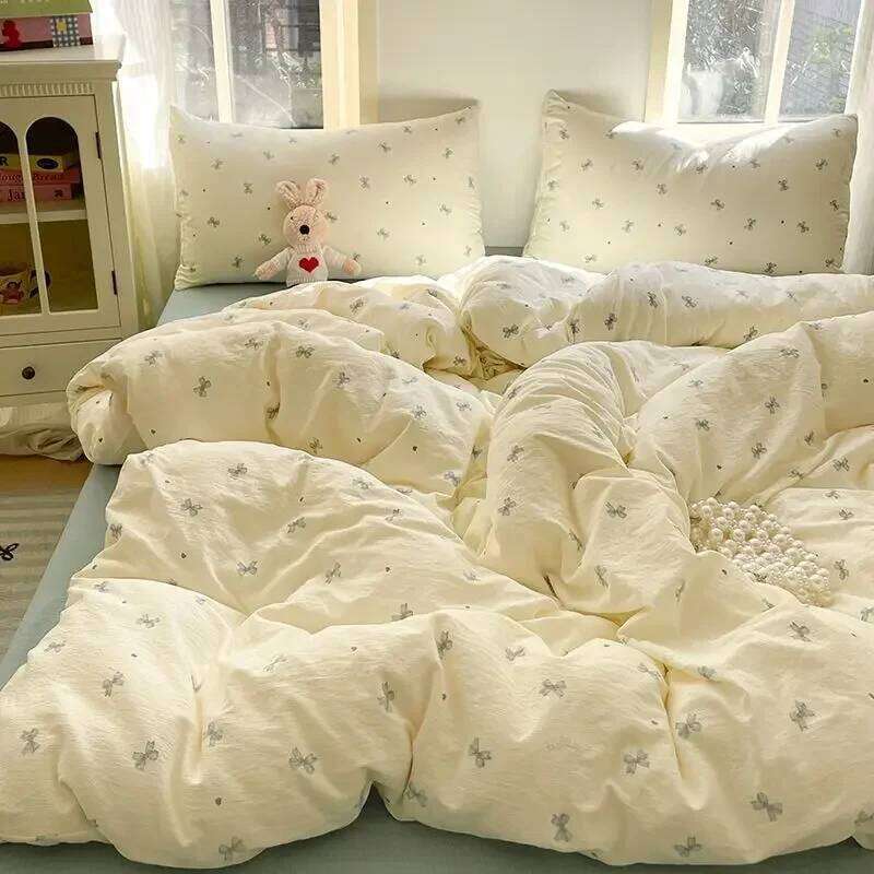 Ins Korean style bow knitted double-layer yarn soft four washed cotton Bedding set, dormitory bed single three piece H260312