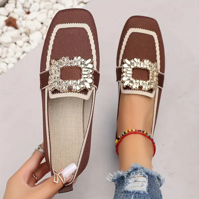 Women Flats Spring 2026 Large Size Flat Loafers Shoes Women Knitting Slip-on Square Head Breathable Fashion Shoes for Women 260227