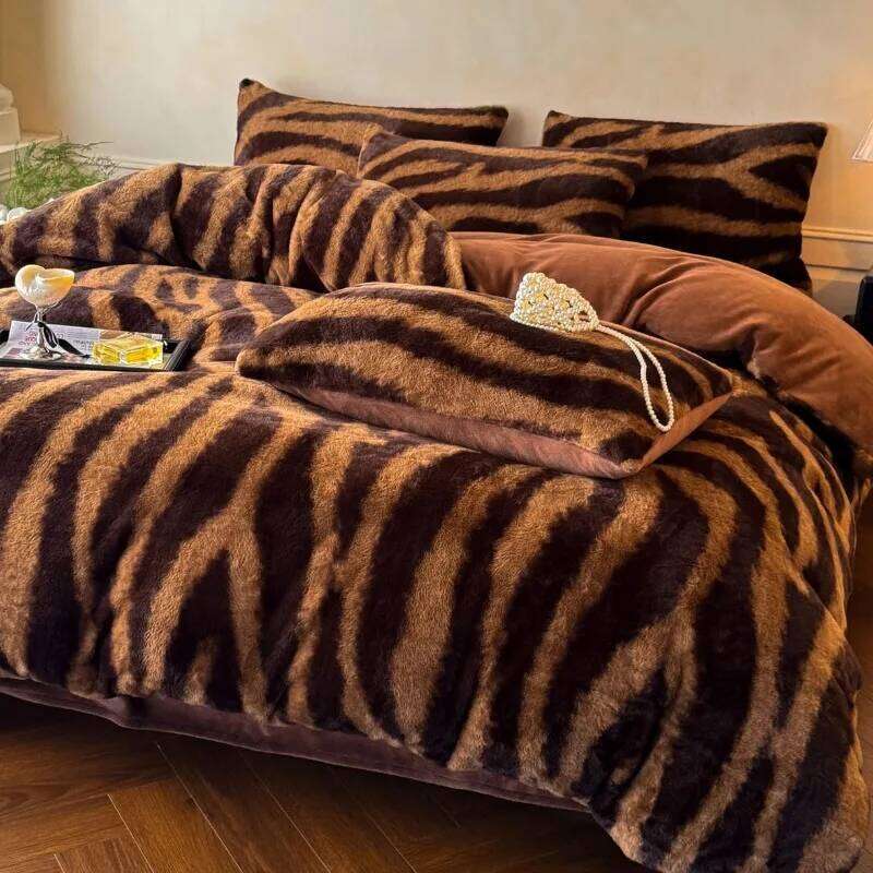 New thickened imitation rabbit hair carved milk four-piece winter coffee color warm fleece quilt set H260312