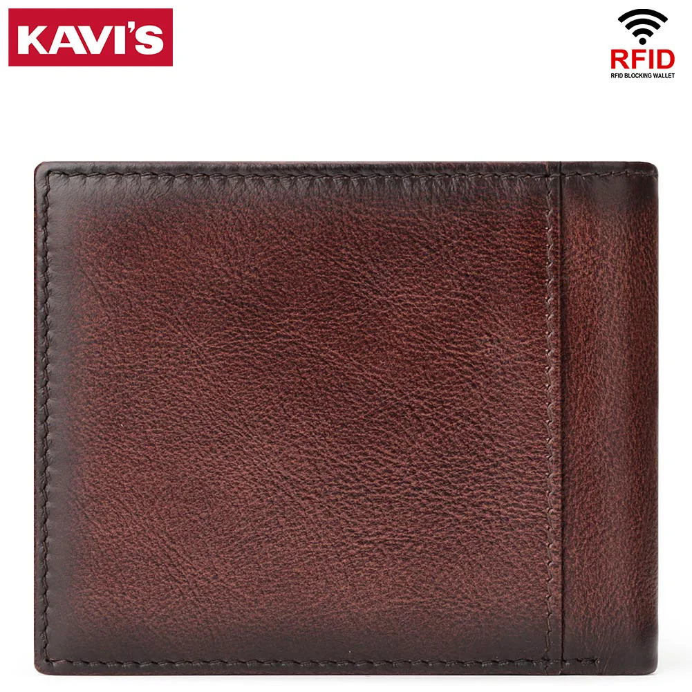 KAVIS Handmade Mens Wallet Genuine Leather RFID Card Holder with ID Window Large Capacity Male Storage Money Bag Fashion 260304