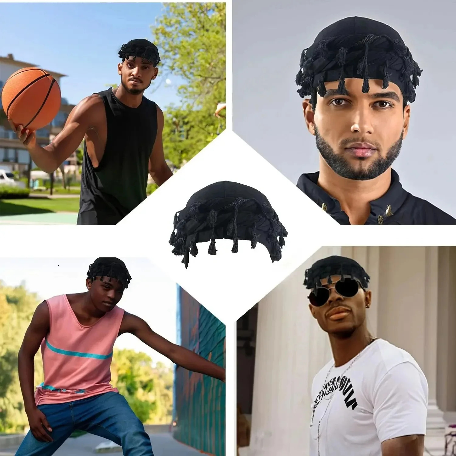 Men Hat Punk Burr Trim Twisted Tail Fringe Cotton Bandana Hat Hop Turban Hats Head Wrap Beanie Cap Solid Color Docker Hat 2024 260304