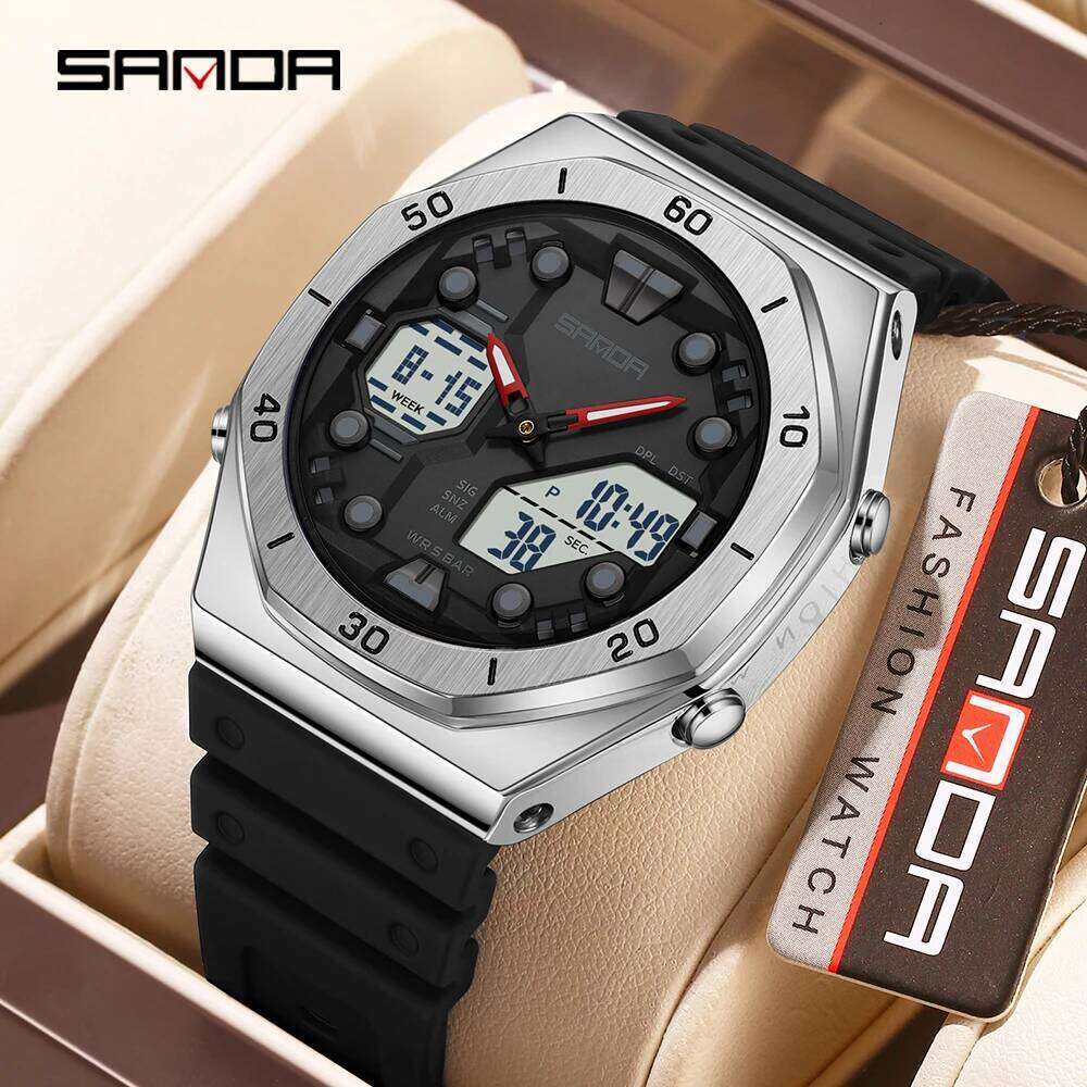 SANDA 6306 Fashion Men's Electronic Dual Display Multifunctional Night Light Alarm Clock Waterproof Cool Unisex Watch 2026