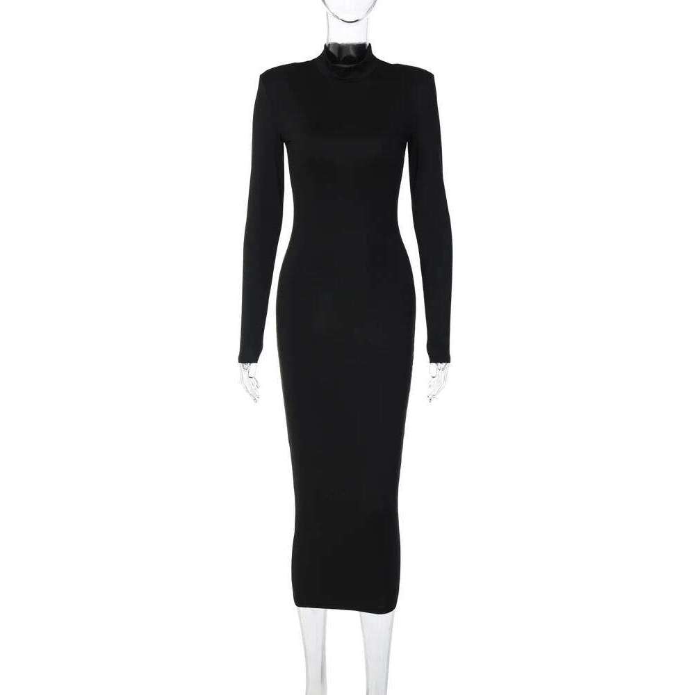Hugcitar Women Fashion Turtleneck Long Sleeves Black Sexy Bodycon Maxi Prom Dress Fall Casual Clothes Streetwear Party Festival C260312