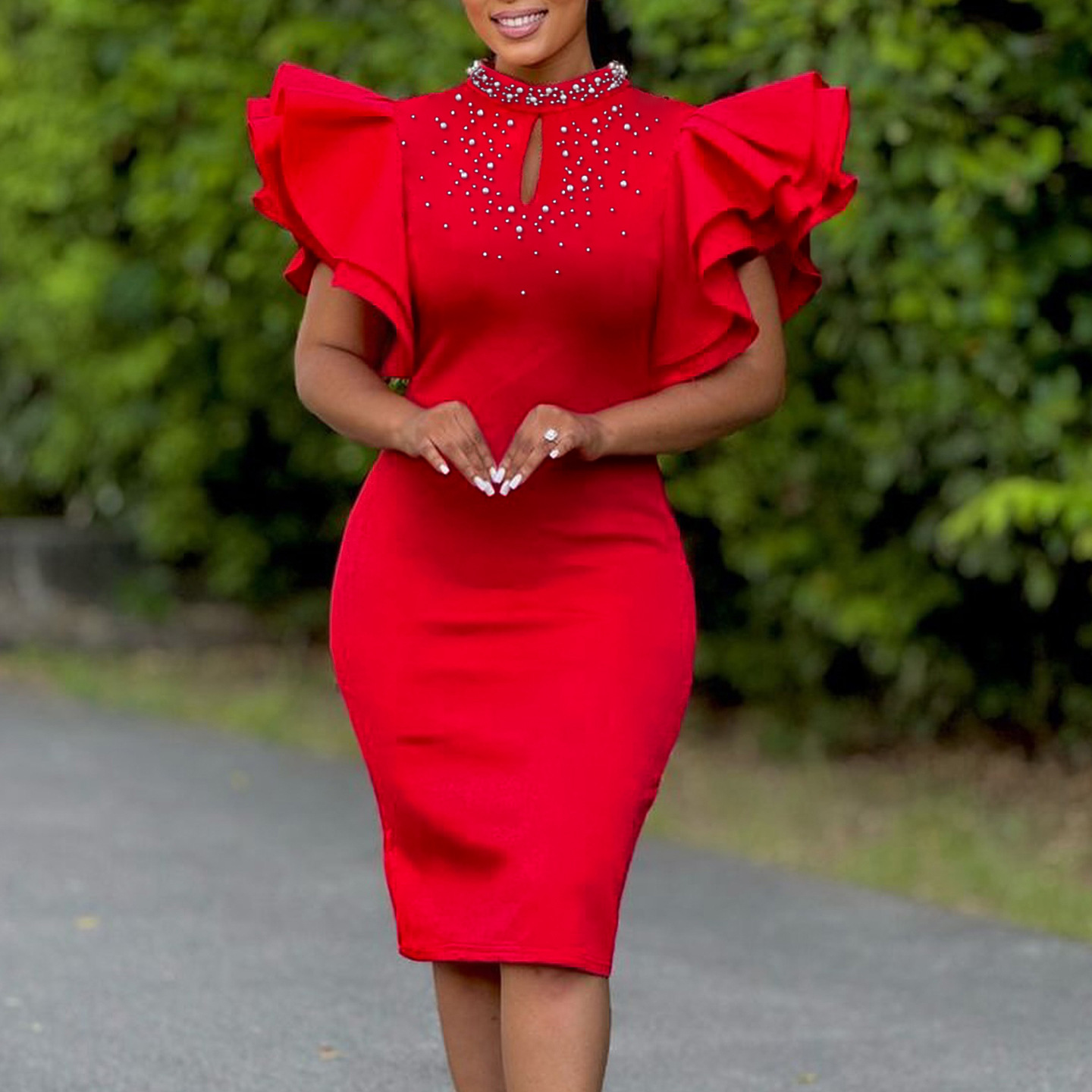 D560 Womens Clothing 2025 New Fashion Sexy Ruffle Sleeve Beaded Party Evening Dress