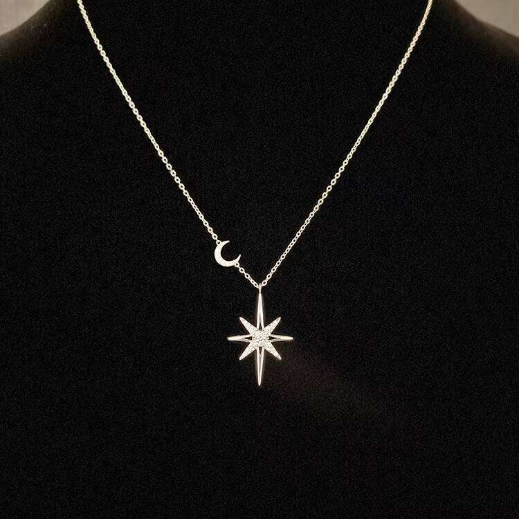 Jewelry Sterling Sier Pyroxene Starburst North Star Pendant Necklace for Women with Rhodium Plating