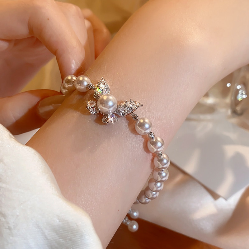 Manta Rose-Colored Pearl Bracelet for Women, French Style Micro-Inlaid Zircon Butterfly Bracelet, Niche Accessories Wholesale