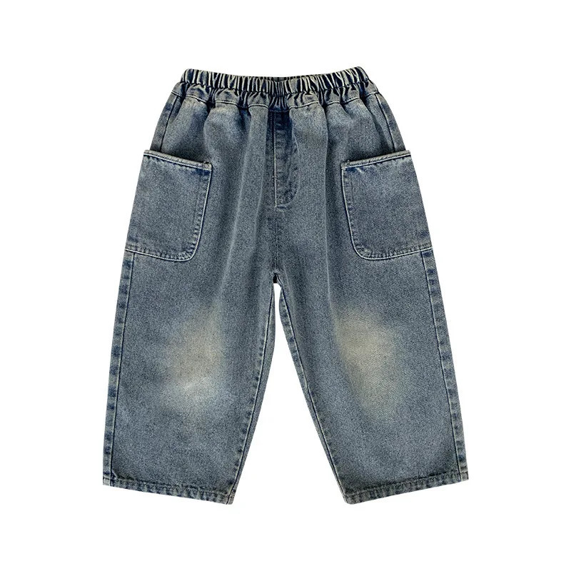 Spring Autumn Kid Boys Denim Pants Side Pocket Polished White Children Elastic Waist Casual Baby Trousers 260311