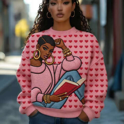 Women's Valentine's Day Knit Sweater Sweet Letter Heart Jacquard Long Sleeve Round Neck Pullovers Tops Autumn Spring Knitwear