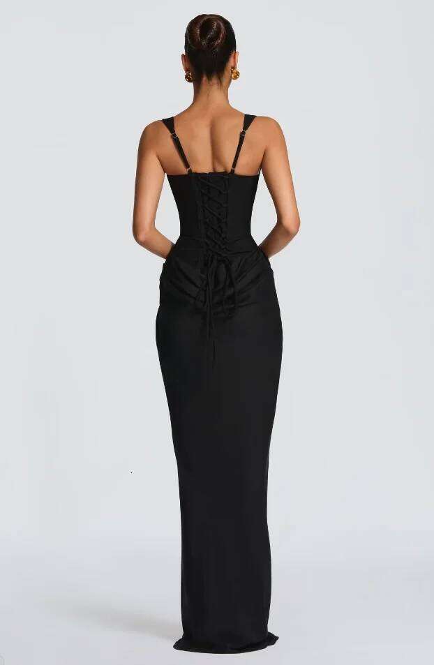 Women Solid Pleated Sling Dress Sexy Square Neck Sleeveless Off-shoulder Waist Cinching Slim Dresses Lady Evening Party Gowns C260311