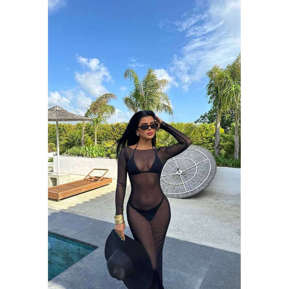 Women's Sexy Floor-Length Solid See Through Long Sleeve Maxi Dresses 2025 Fashion Beach Swimsuit Cover C260312